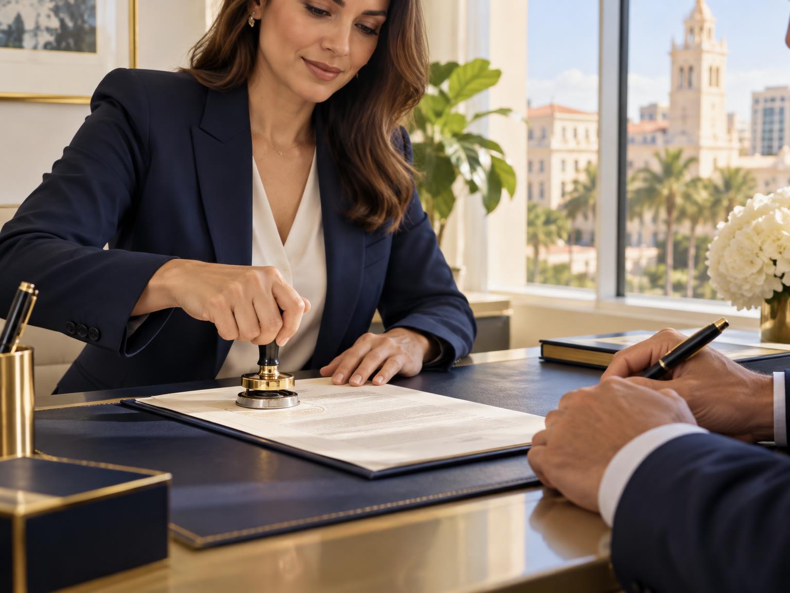 Notary public stamping an official document